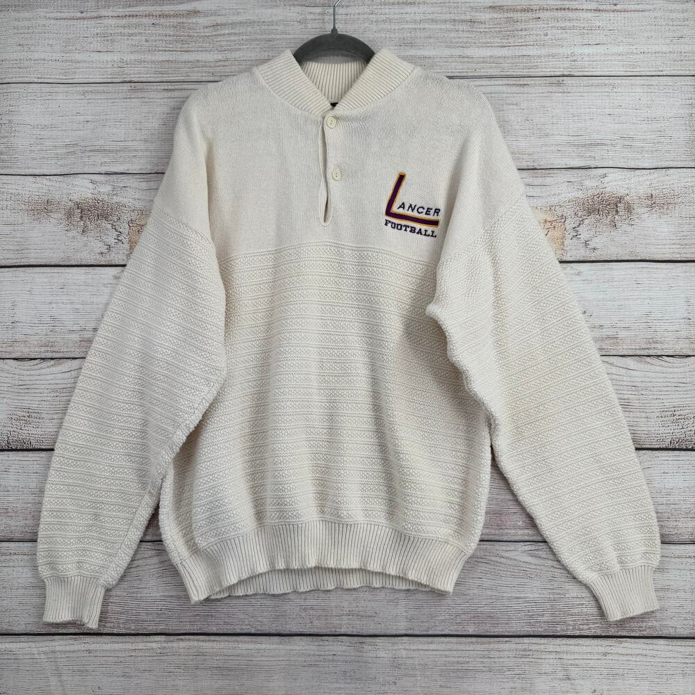 Vintage 90's NEFF Henley Carlsbad Lancers Sweater‎ Mens XL Cream Embroidered